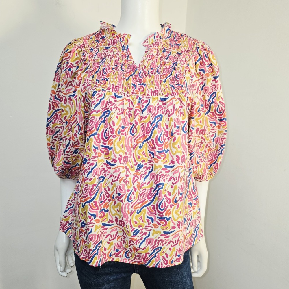 Michelle McDowell Rachel Top Size M Smocked Squiggle Print Puff Short Sleeve